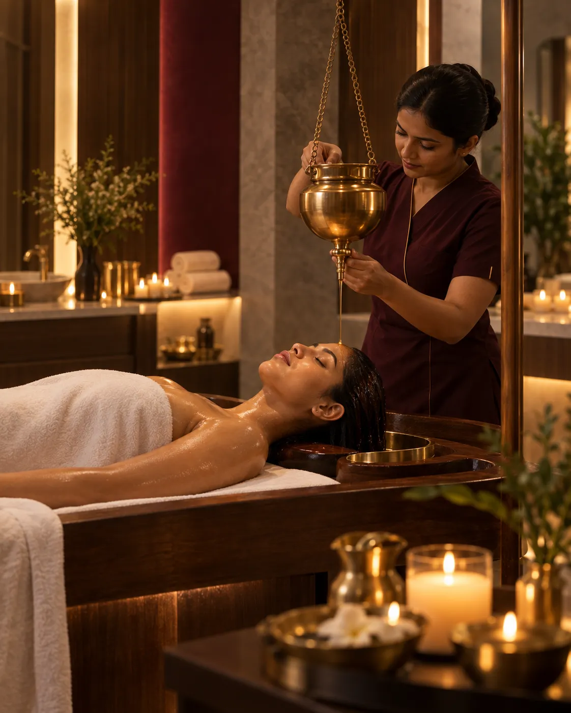 Ayurvedic Abhyanga warm oil ritual at Aurum Astra luxury spa