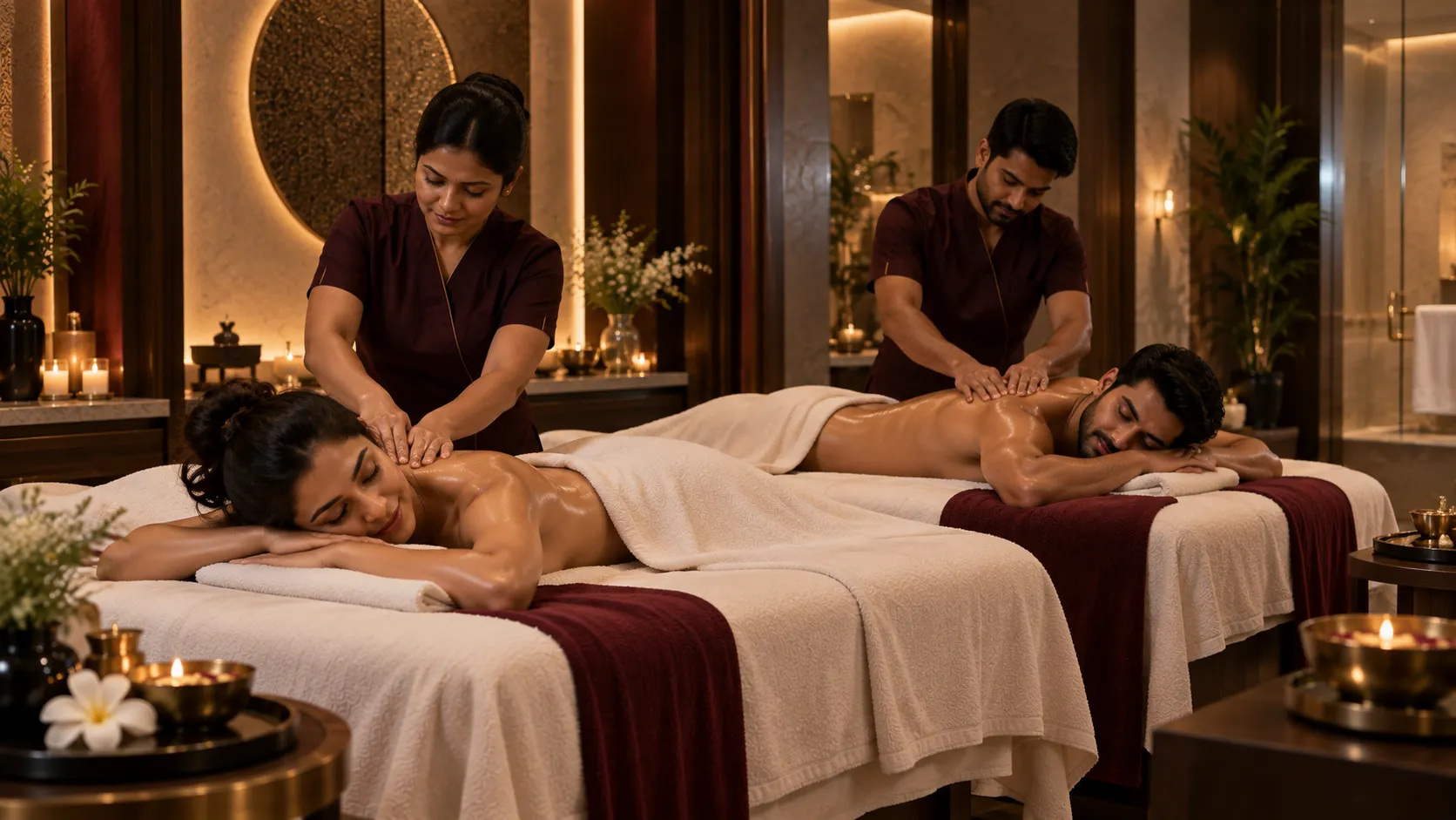 Couple enjoying a private luxury spa massage experience at Aurum Astra