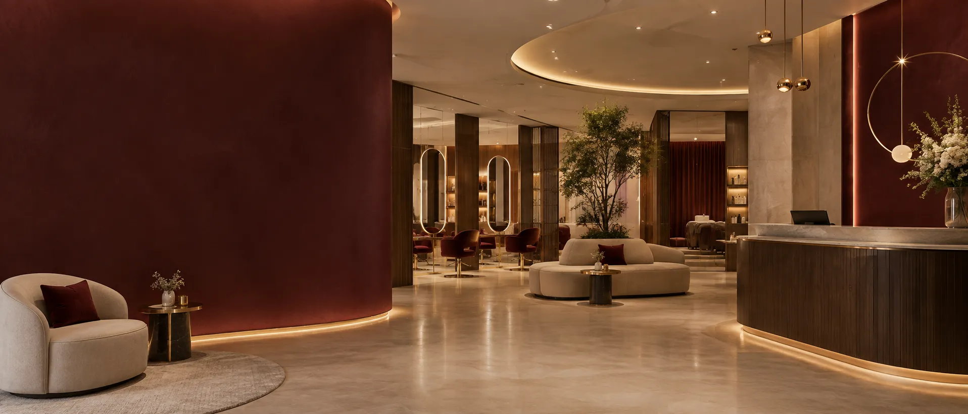 Luxury interior of Aurum Astra unisex salon and spa in Hennur, Bengaluru