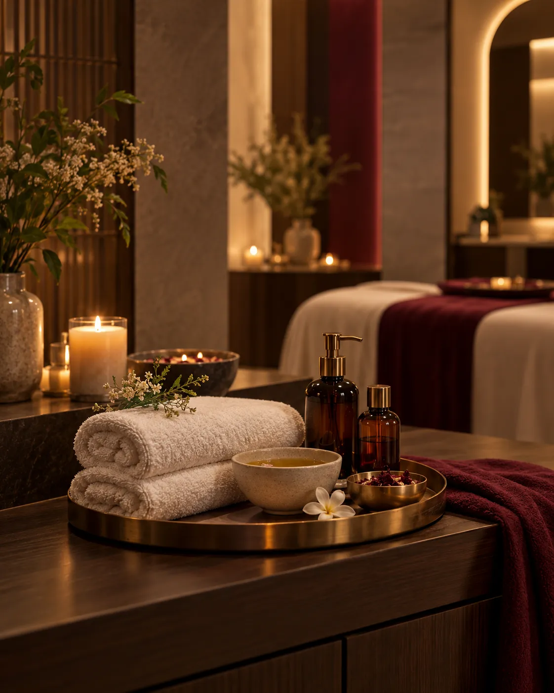 Luxury spa ritual with towels, oils and wellness accessories at Aurum Astra