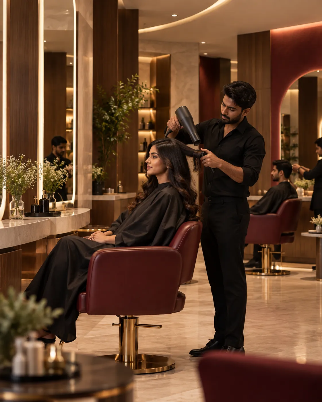 Premium unisex salon interior with hair styling at Aurum Astra Bengaluru